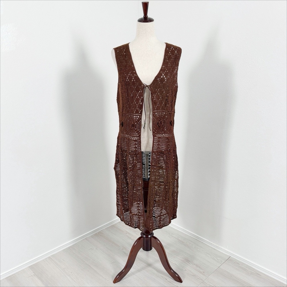 Vintage White Stag Sweater Womens Large Brown Crochet Knit Cardigan Boho Hippie